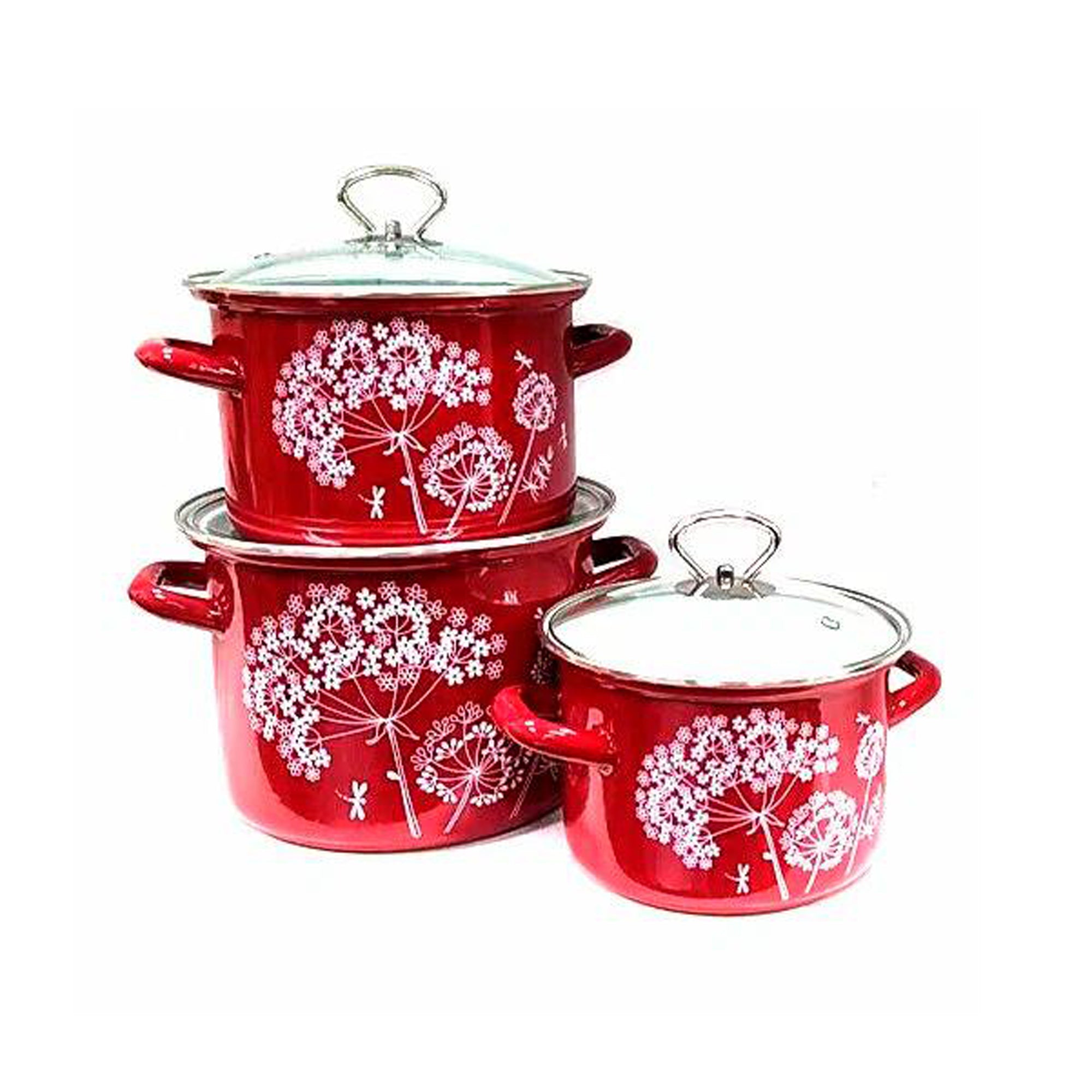 Набор эмалированных кастрюль красного цвета с цветами