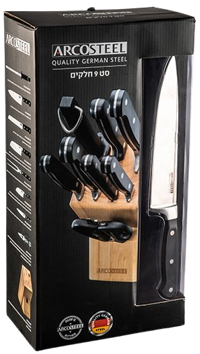 סט 9 חלקים ,סכינים+מעמד עץ ARCOSTEEL