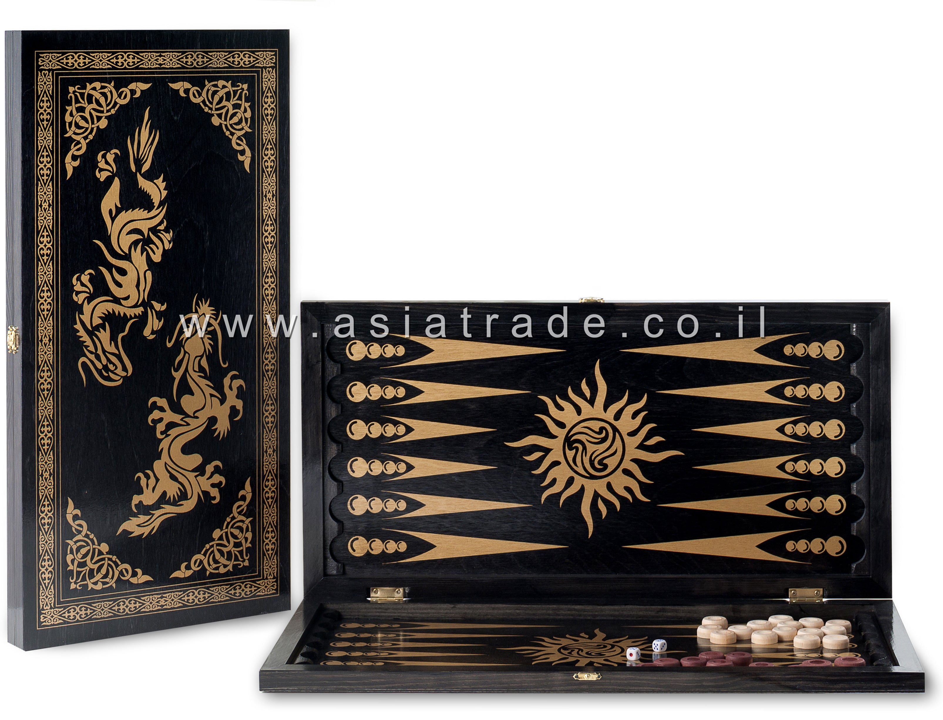 НАРДЫ БОЛЬШИЕ ЧЕРНЫЕ, РИСУНОК ЗОЛОТО «ДРАКОНЫ» (600*300*40)