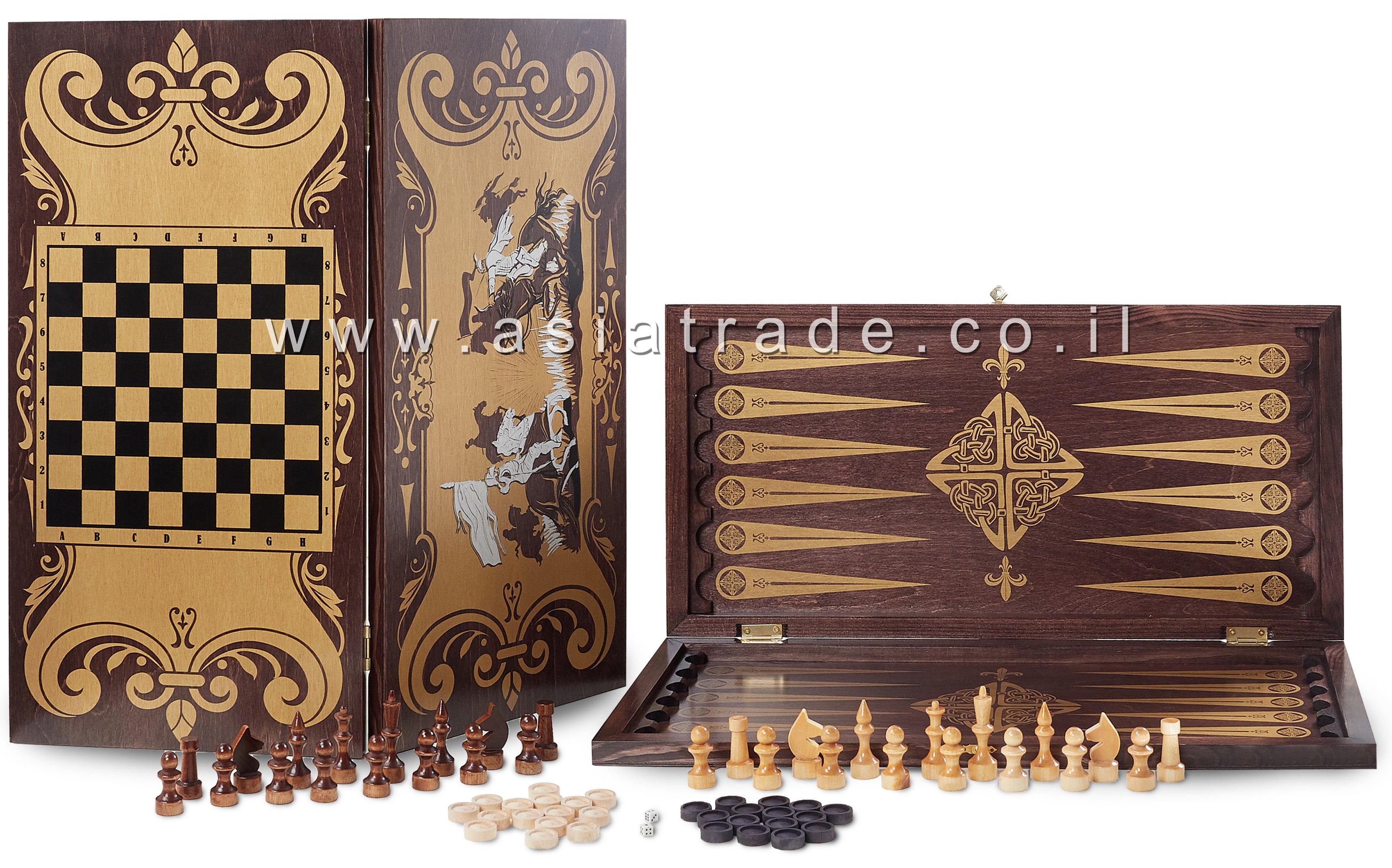Игра 3 в 1 нарды, шахматы и шашки "Рыцари" - коричневые