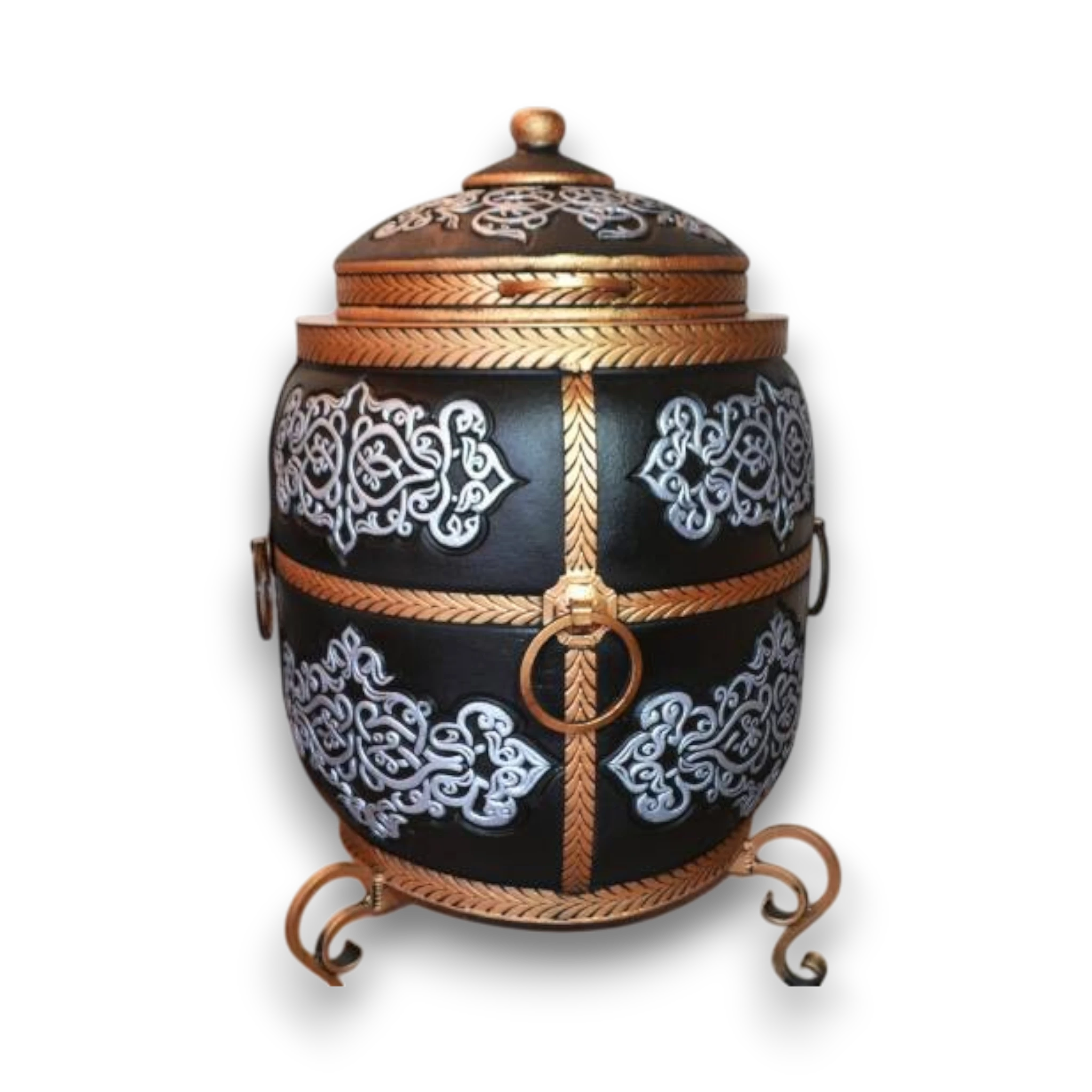 Asia Trade 100L insulated tandoor oven in black with ornate gold and silver carved patterns and metal handles.