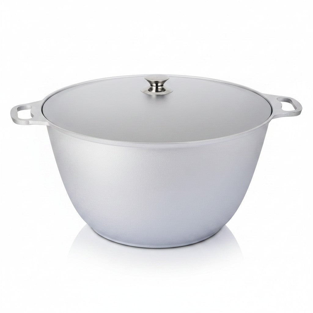 Asia Trade 20-liter cast aluminum wide cooking pot with lid, featuring thick walls for even heat distribution.