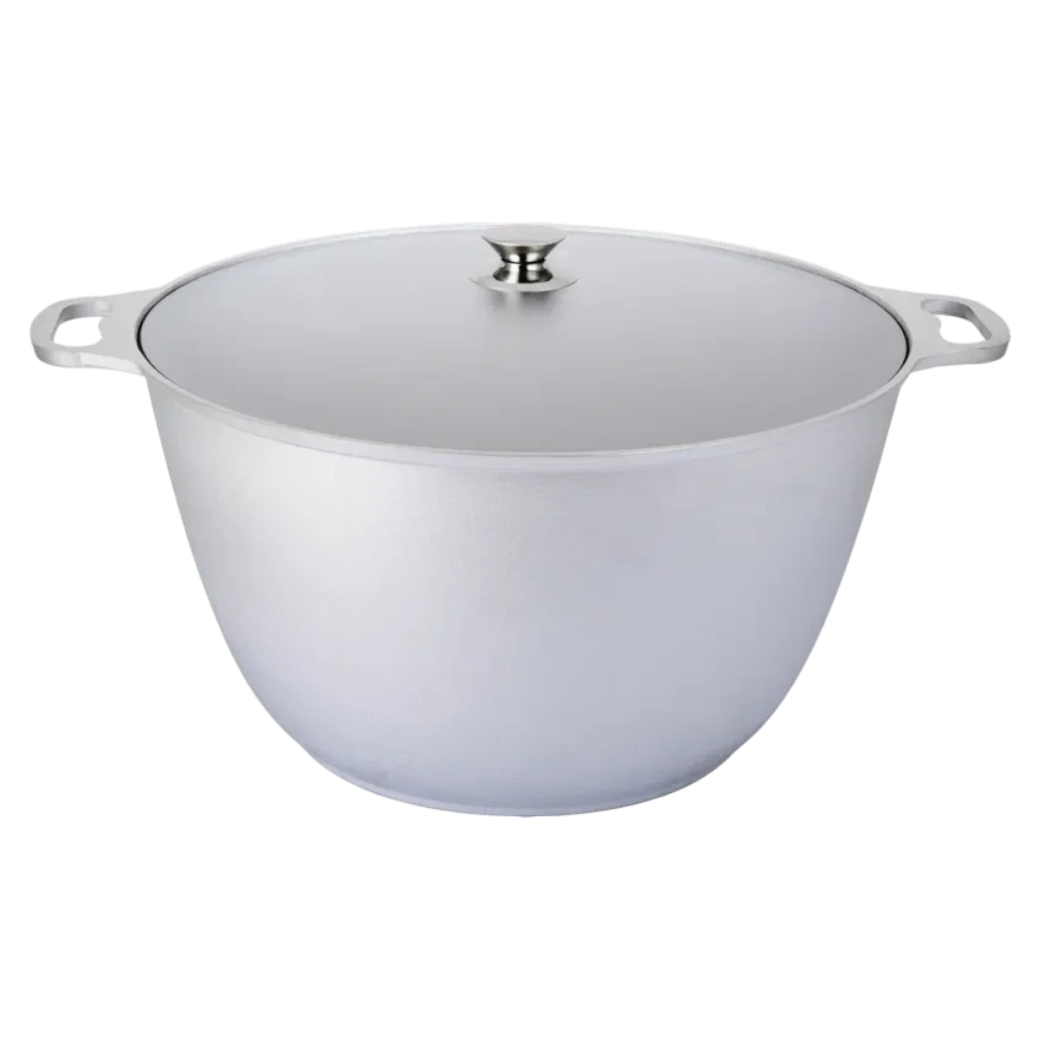 Asia Trade 30-liter aluminum cauldron pot with a matching lid and side handles for large-scale cooking.