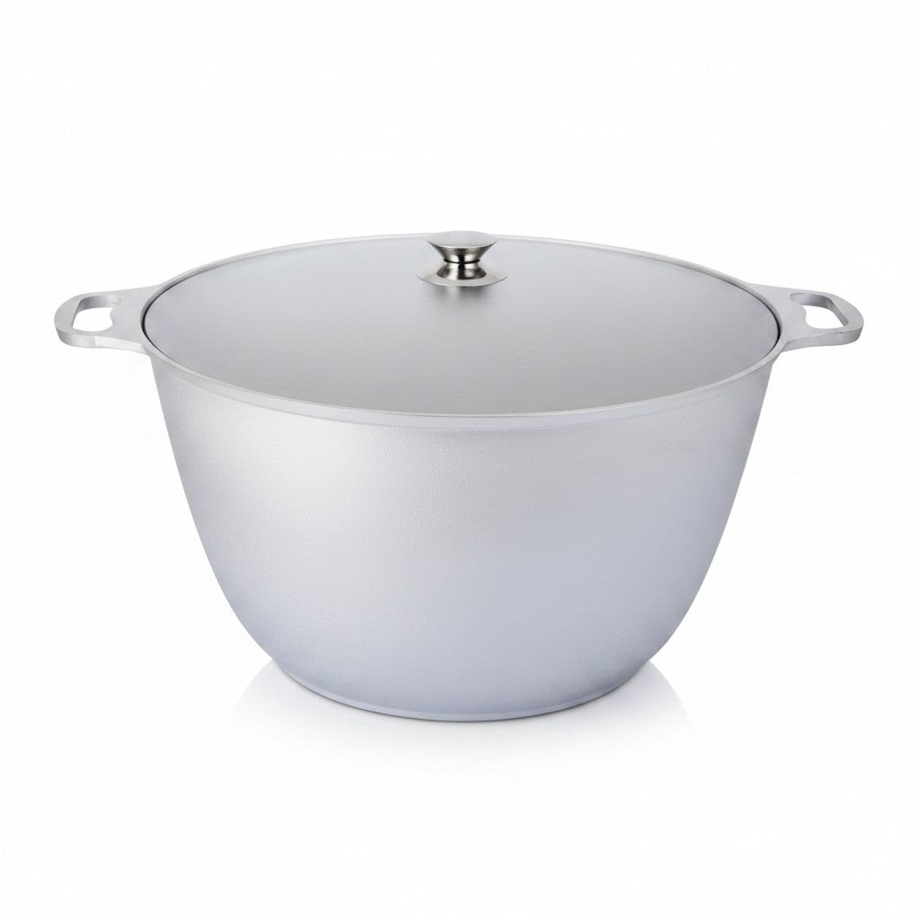 Asia Trade 30-liter large silver aluminum cooking pot with lid and side handles for professional kitchen use