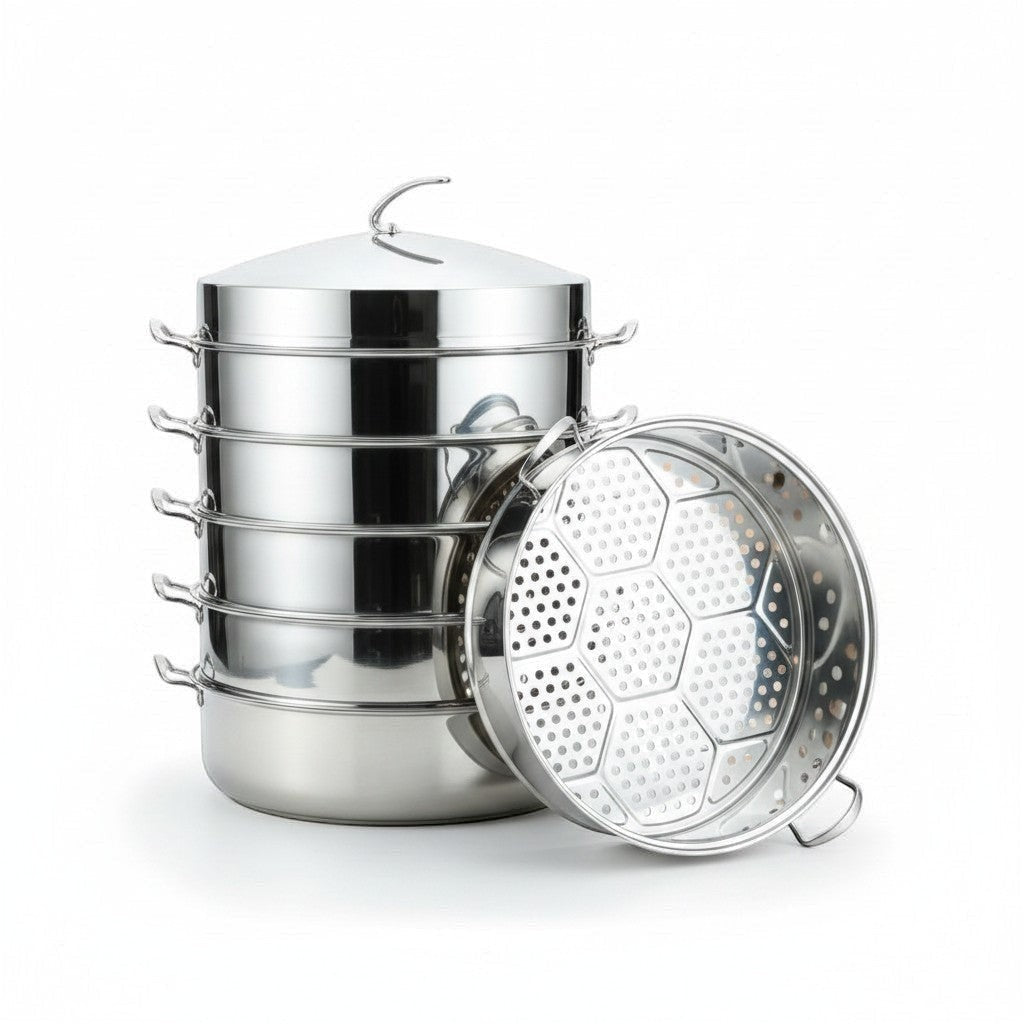 Asia Trade 48cm stainless steel industrial steamer pot with multiple stackable tiers and a perforated base insert