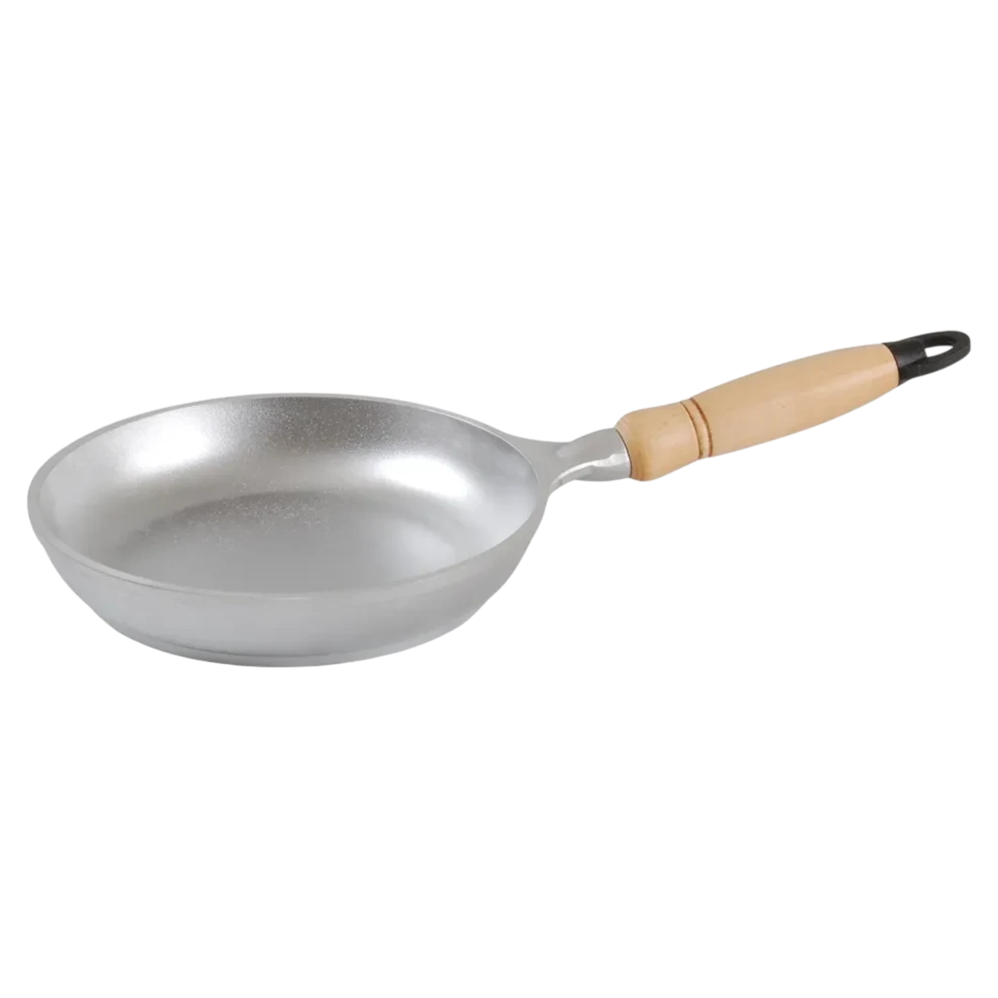 Asia Trade 20cm aluminium frying pan with a light wood handle, featuring a durable metallic finish.
