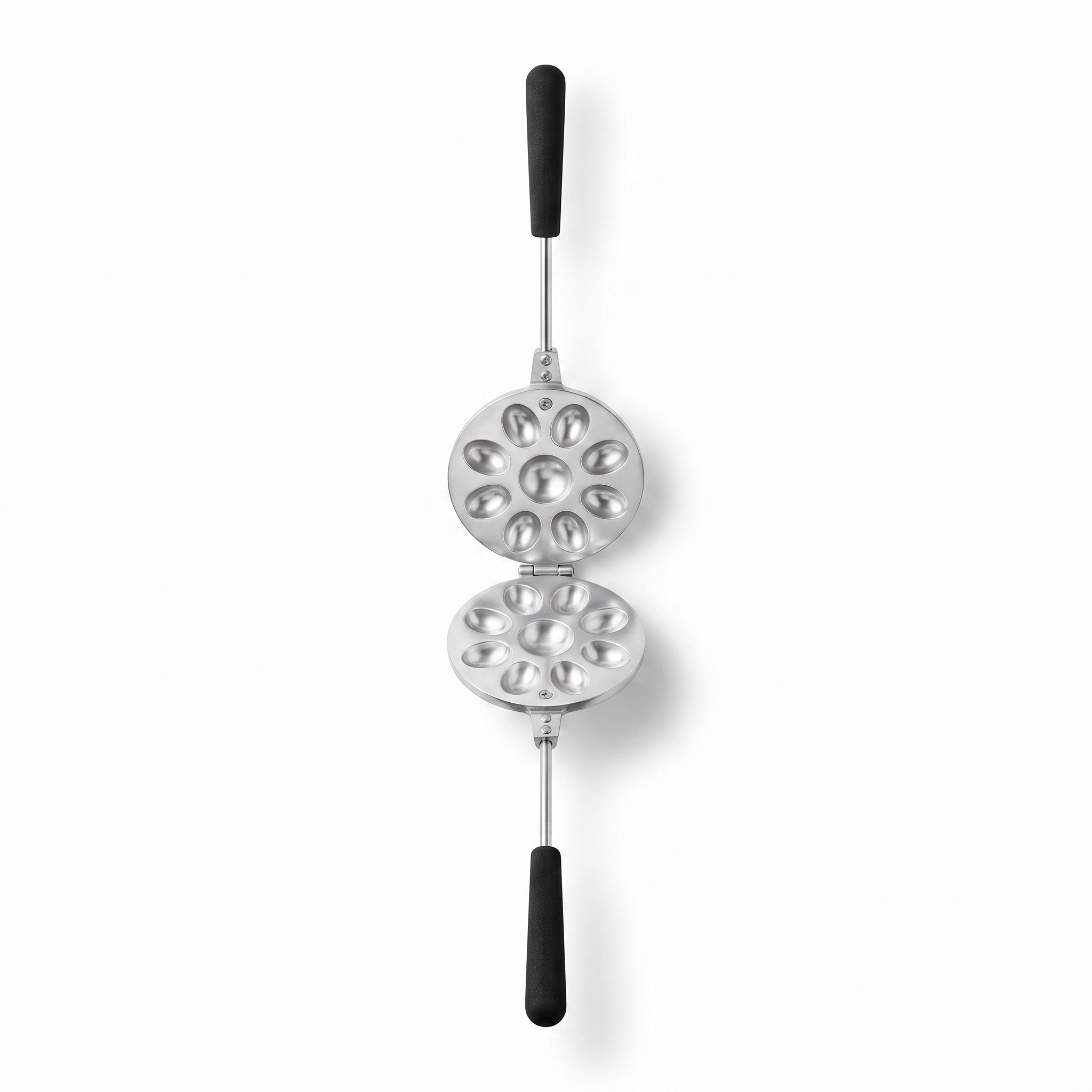 Asia Trade aluminum nut-shaped cookie maker for gas stovetops with black heat-resistant handles