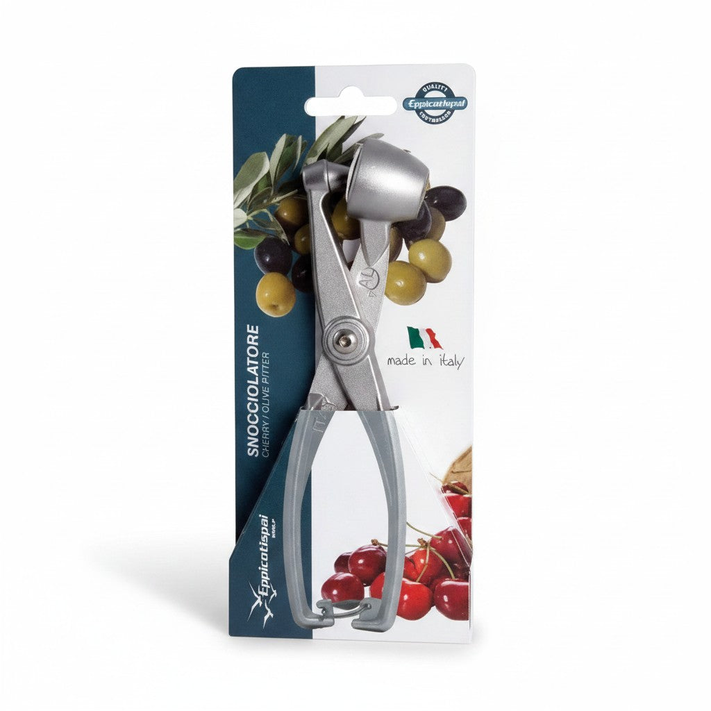 Asia Trade manual aluminum olive and cherry pitter tool made in Italy for easy fruit pitting.