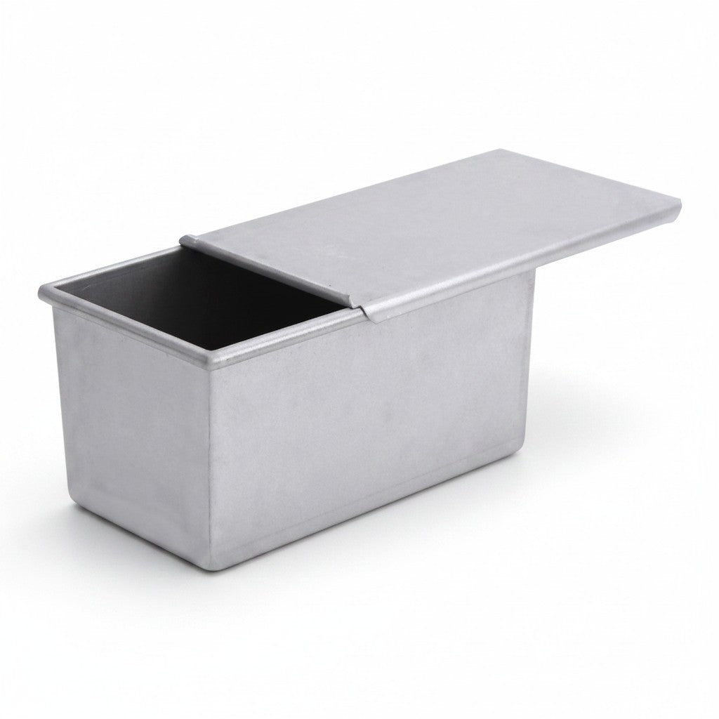 Asia Trade anodized aluminum Pullman loaf pan with a sliding lid for square sandwich bread baking