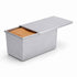 Asia Trade anodized aluminum Pullman loaf pan with a sliding lid and baked bread inside