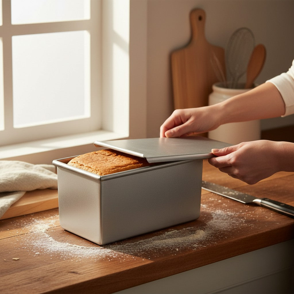 Asia Trade anodized aluminum Pullman loaf pan with lid, used for baking square bread on a wooden kitchen counter.