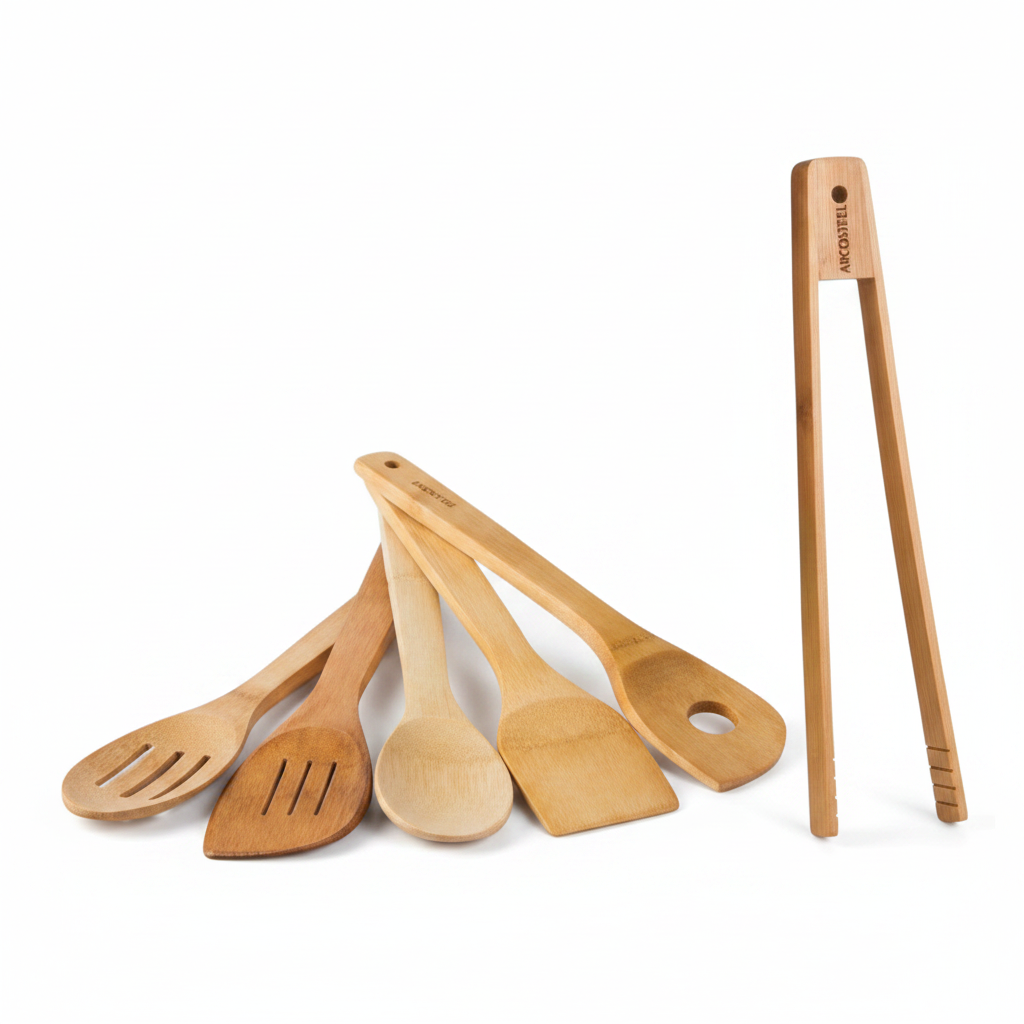 Asia Trade ARCOSTEEL bamboo kitchen utensil set including slotted spoons, spatula, and tongs on a white background