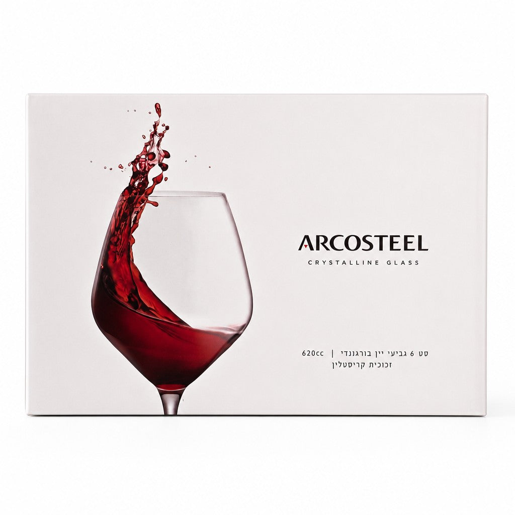 Asia Trade set of 6 ARCOSTEEL crystalline wine glasses in white retail packaging with a red wine splash graphic