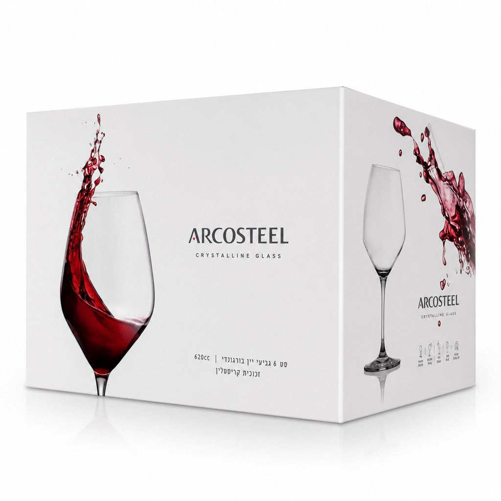 Asia Trade set of 6 Arcosteel crystalline wine glasses in white retail packaging with red wine splash graphics