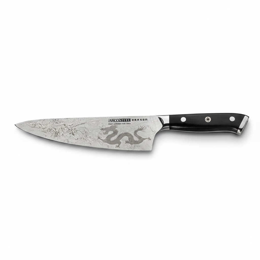 Asia Trade ARCOSTEEL Dragon 20cm Japanese chef knife with a laser-etched dragon design on stainless steel blade