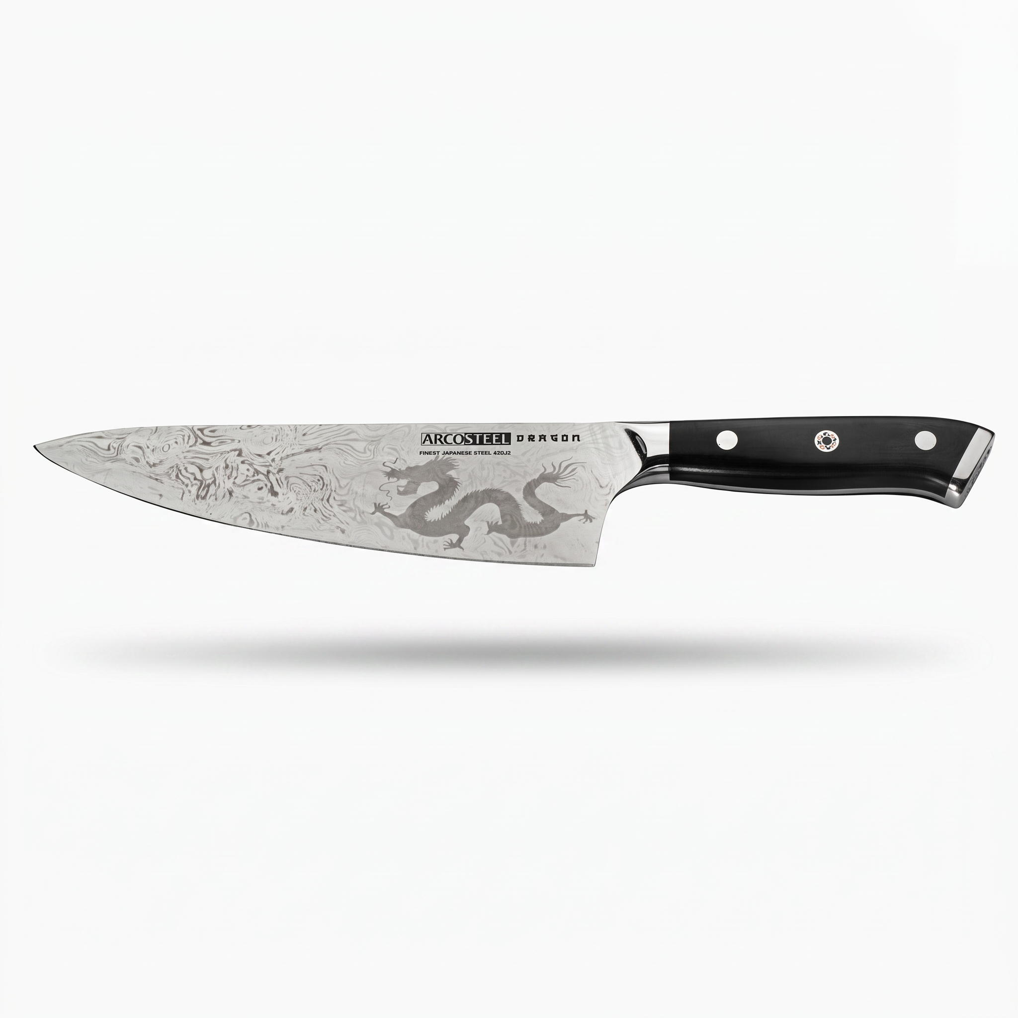 Asia Trade ARCOSTEEL Dragon 20cm Japanese chef knife with stainless steel blade and ergonomic black G10 handle