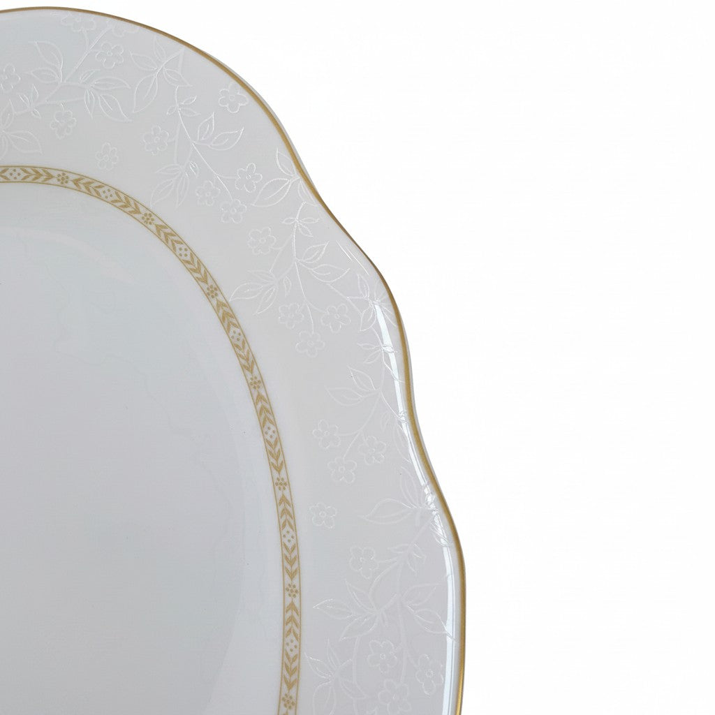 Asia Trade Arcosteel Goldie Collection 36cm oval plate with white floral embossed pattern and gold rim detail