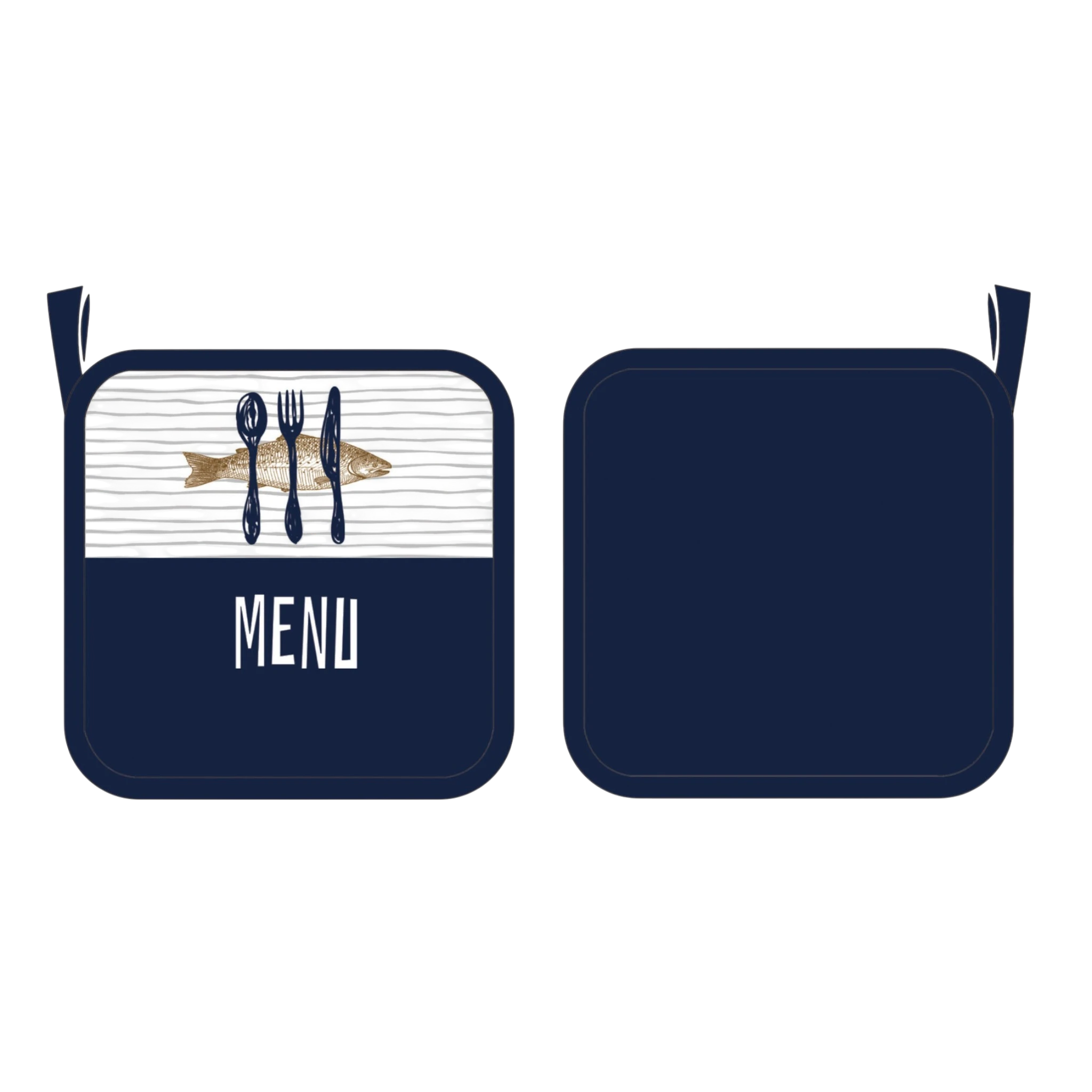 Asia Trade ARCOSTEEL square pot holder set in navy blue and white with fish and cutlery menu graphic print