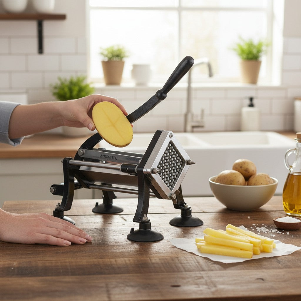 Asia Trade ARCOSTEEL professional stainless steel potato chipper on a wooden kitchen counter with sliced fries