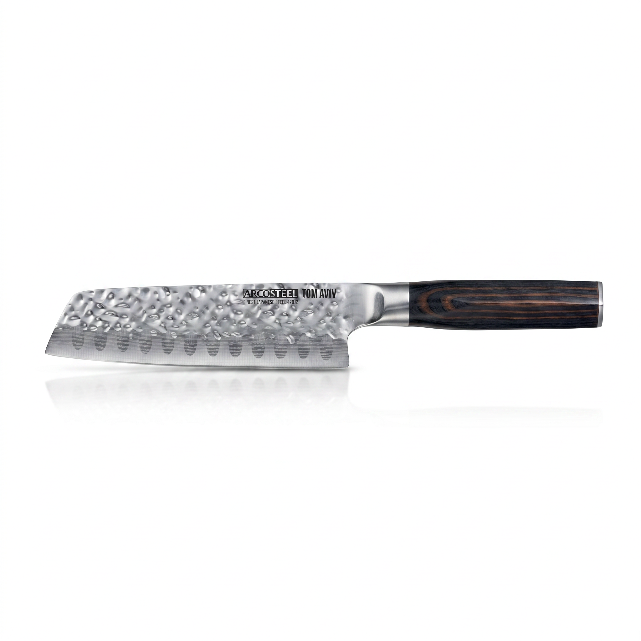 Asia Trade Arcosteel 14cm Santoku knife with a hammered Japanese steel blade and ergonomic dark wood handle.