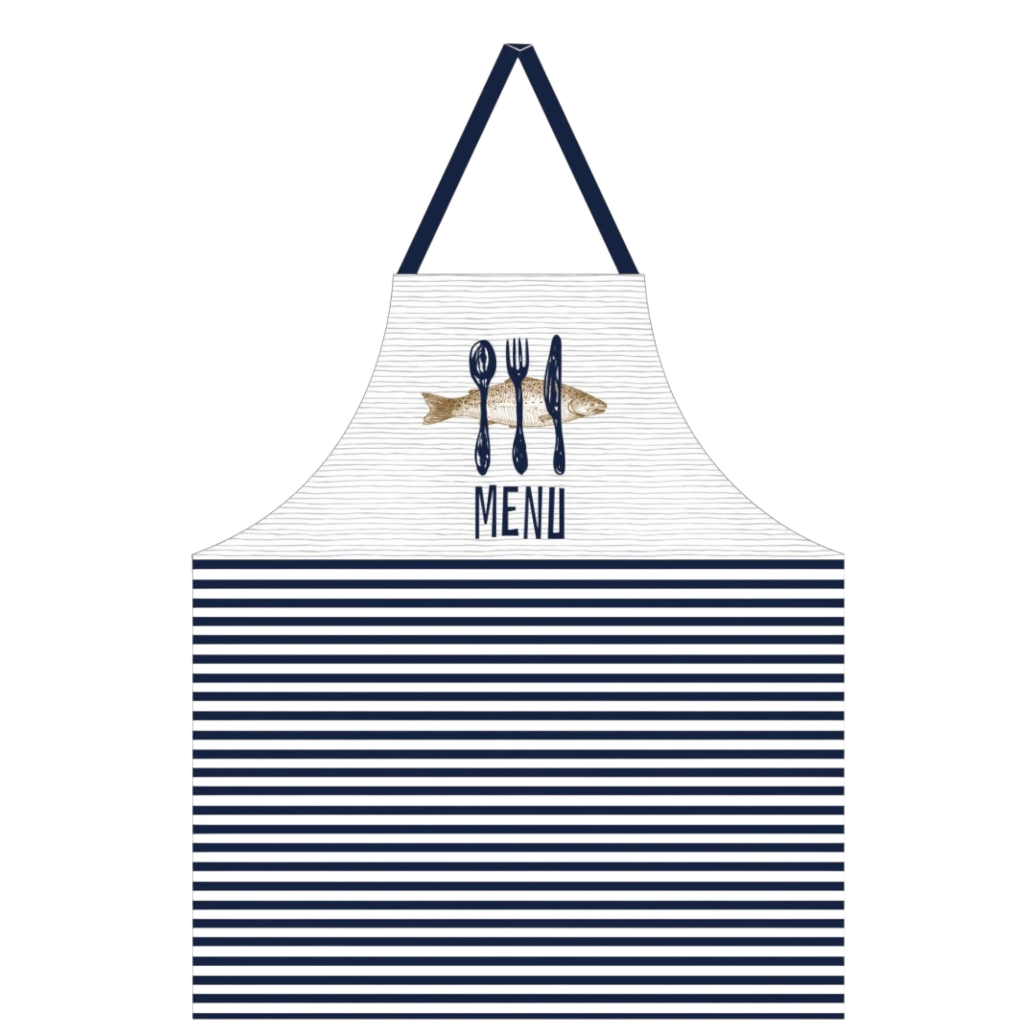 Asia Trade ARCOSTEEL kitchen apron with navy blue stripes and a fish and cutlery menu graphic print