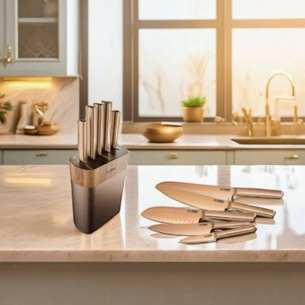 Asia Trade ARCOSTEEL Tanto 6-piece bronze stainless steel knife set with matching storage block on kitchen counter