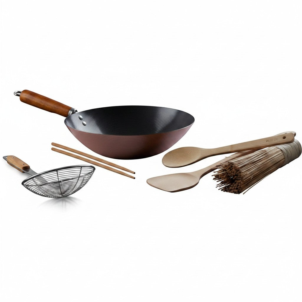 Asia Trade ARCOSTEEL 7-piece wok set with 26cm non-stick carbon steel pan, wooden utensils, strainer, and bamboo brush.