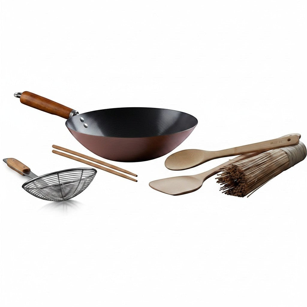 Asia Trade ARCOSTEEL 7-piece non-stick wok set with wooden handle, bamboo utensils, strainer, and cooking chopsticks.