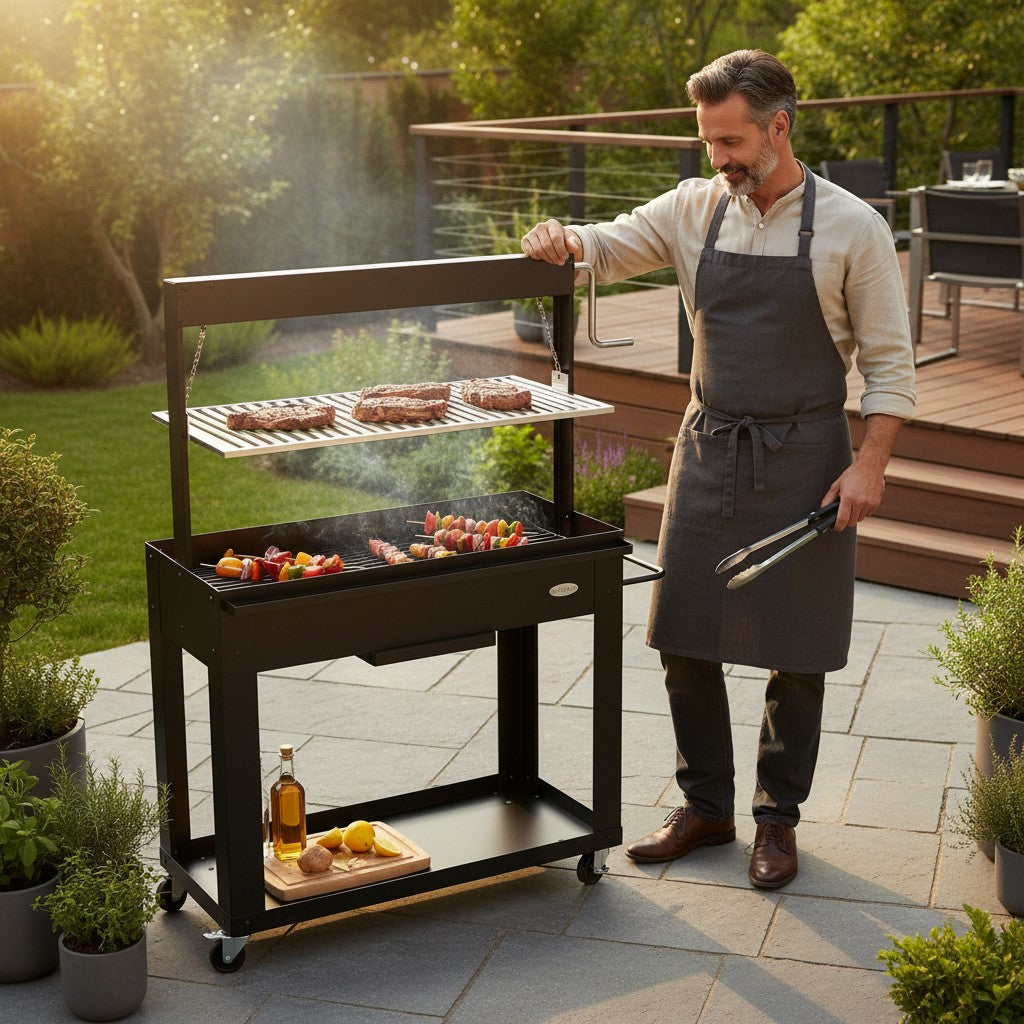 Asia Trade professional Argentina style charcoal grill with V-shaped stainless steel grate, lifting mechanism, and wheels.