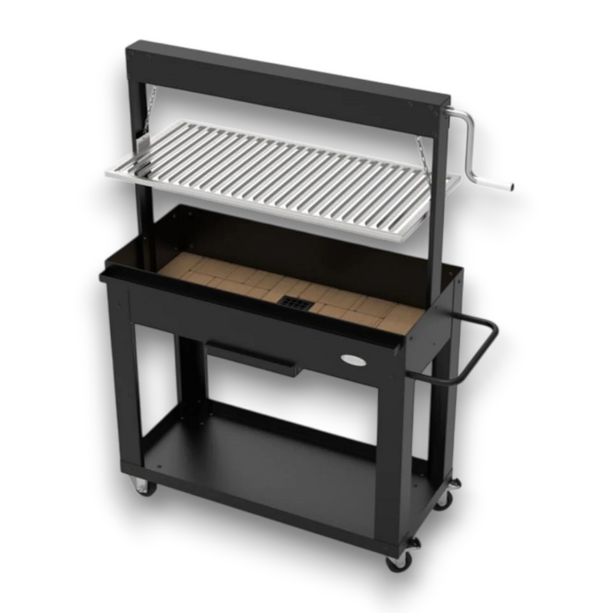 Asia Trade professional Argentina style charcoal grill with V-shaped stainless steel grate, lift system, and firebricks