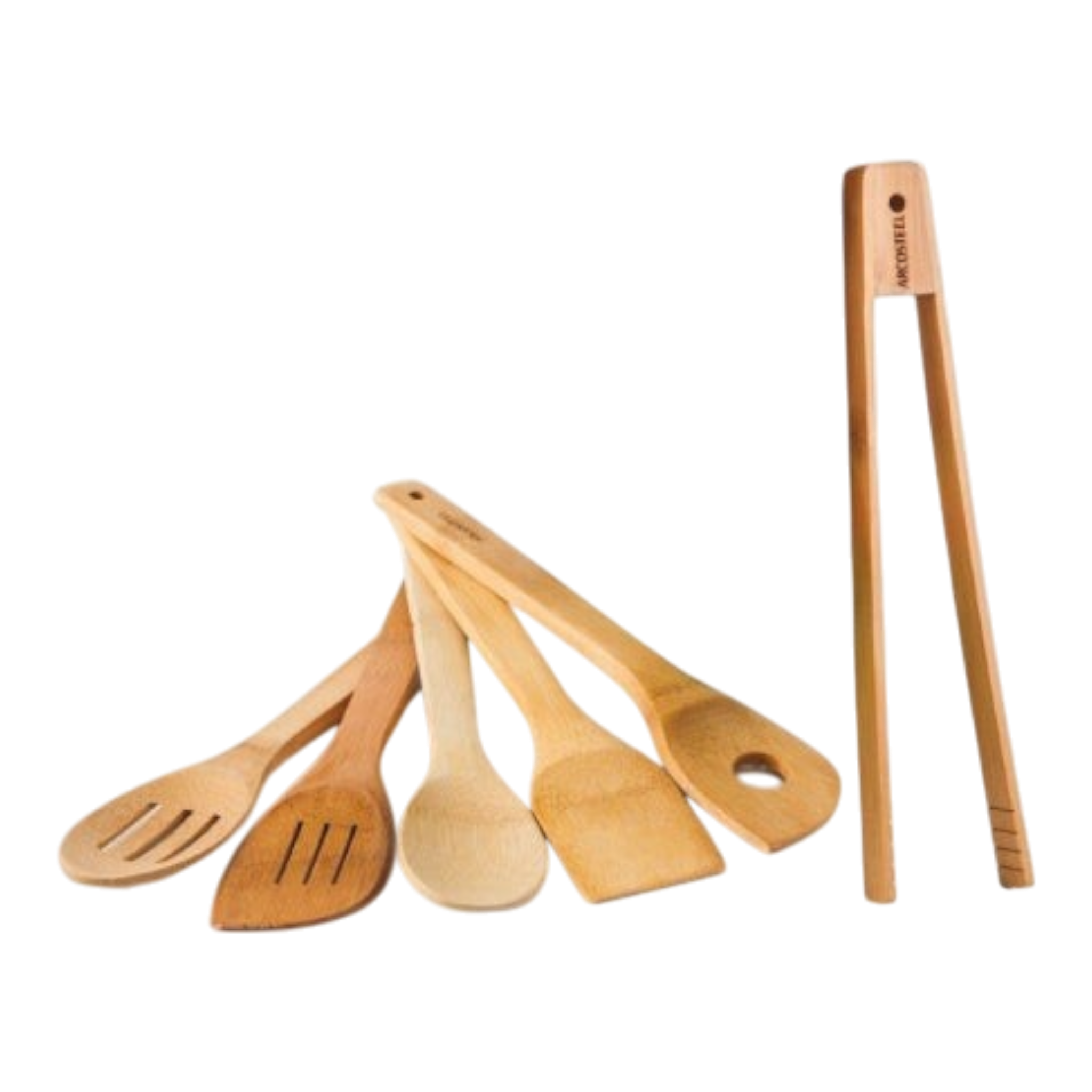 Asia Trade ARCOSTEEL bamboo kitchen utensil set including spoons, spatulas, and tongs on a white background