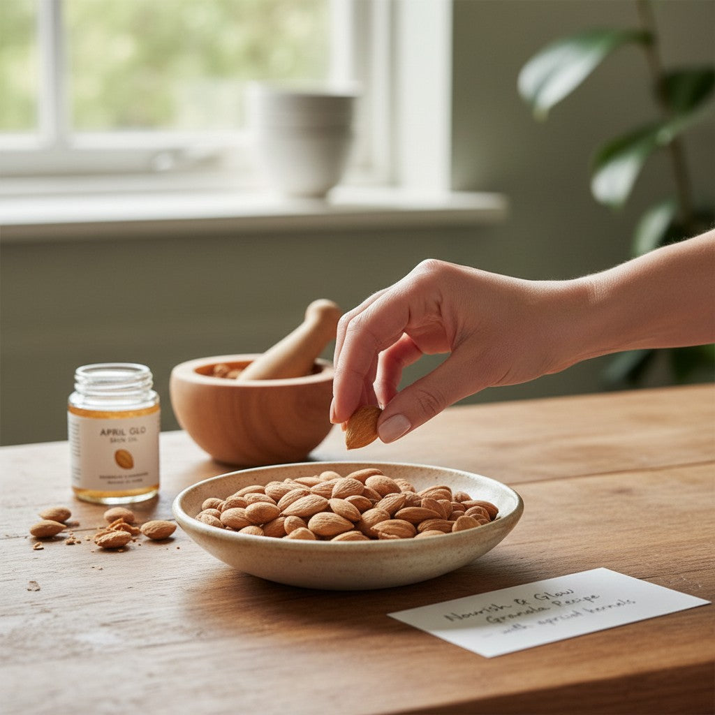 Asia Trade bitter apricot kernels in a ceramic bowl on a wooden table with a hand picking one kernel