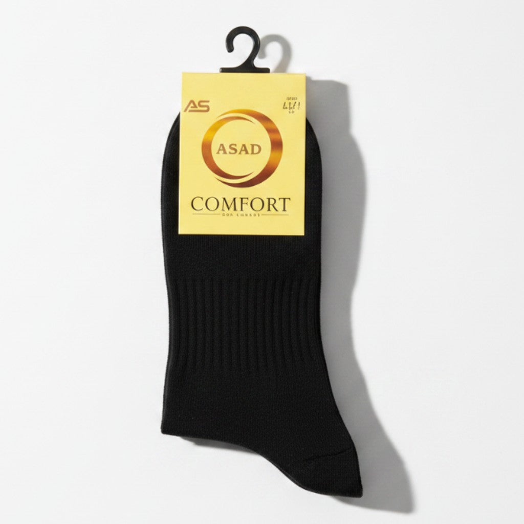Asia Trade black 100% cotton socks with comfort fit, size 41-44, packaged with a branded tag.