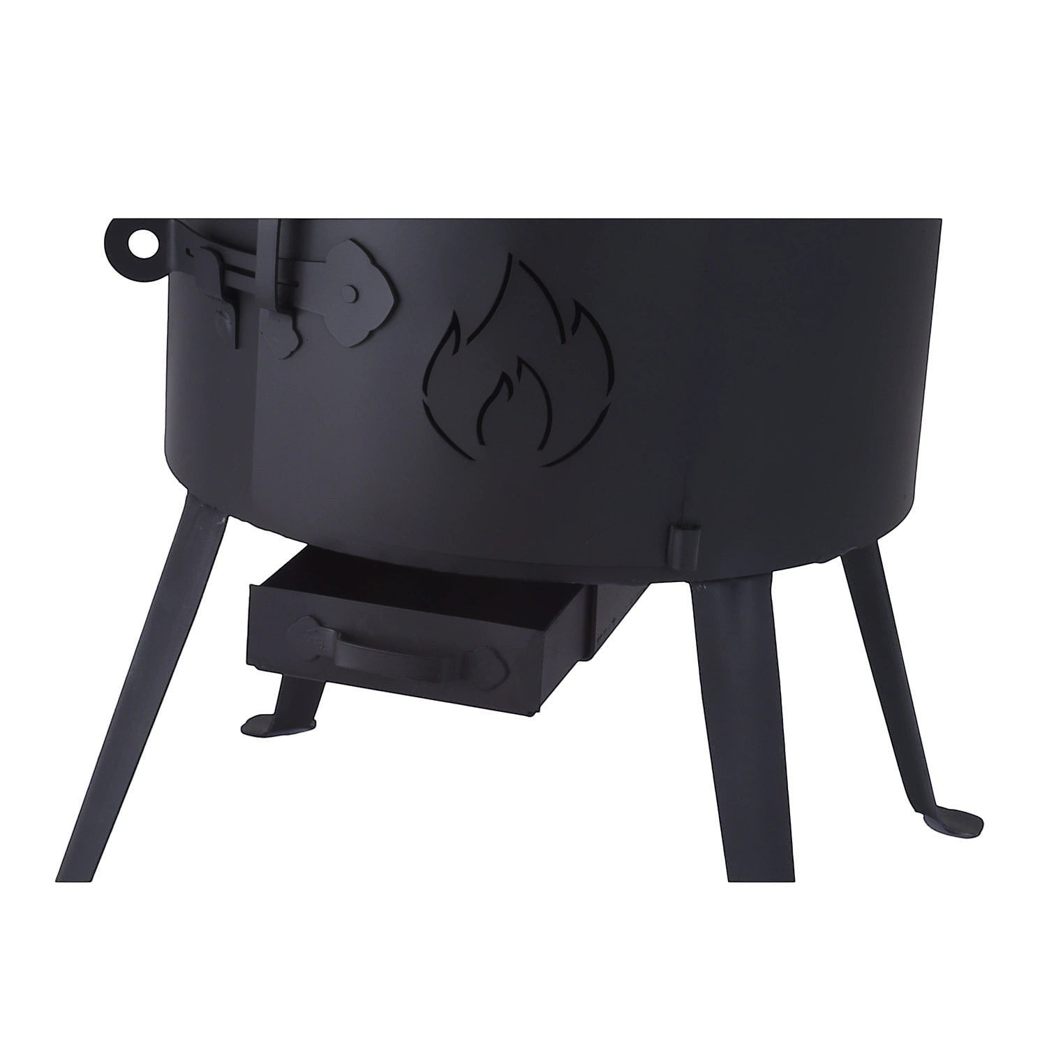 Asia Trade black metal outdoor field stove with flame cutout design and ash tray drawer