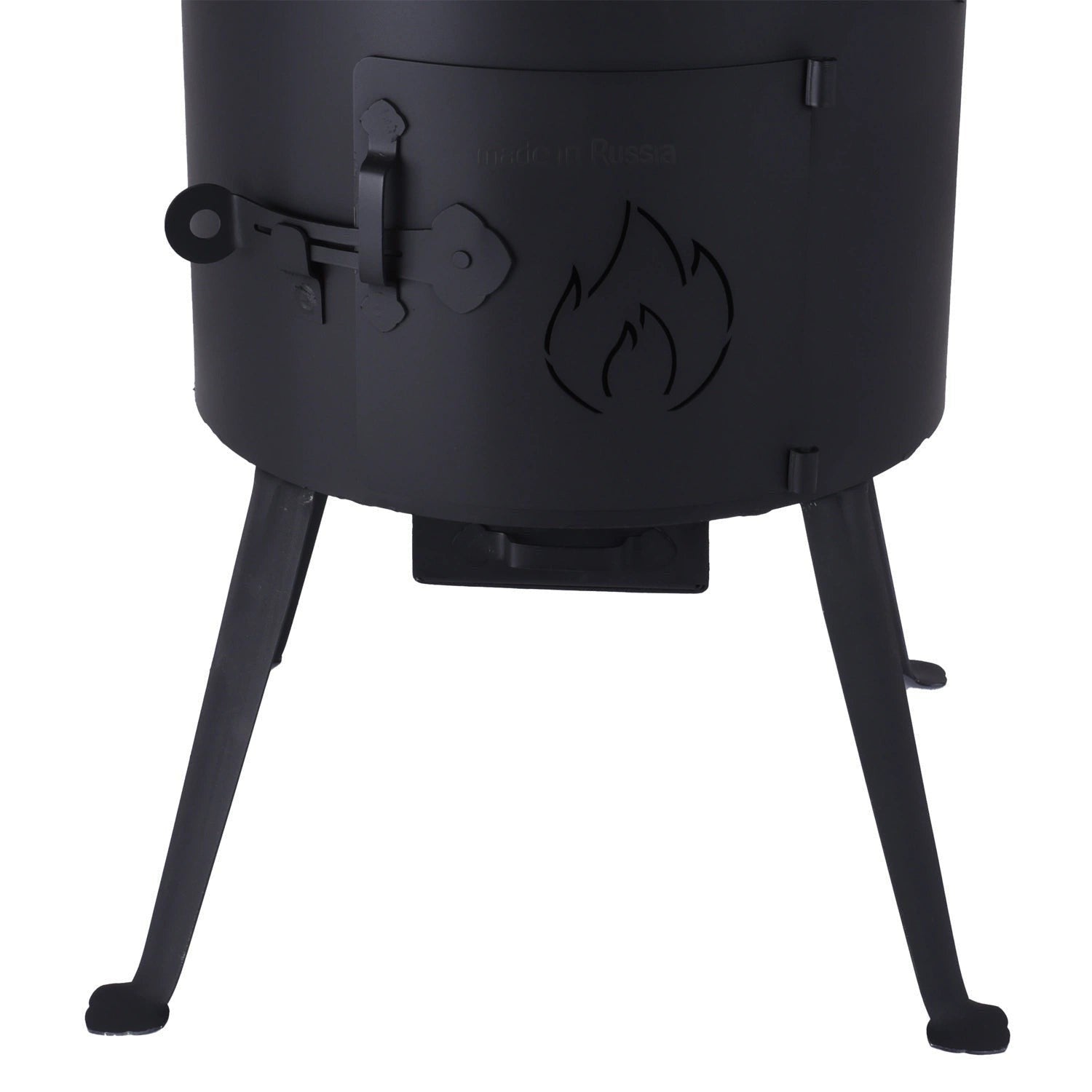Asia Trade black metal outdoor field stove with a flame cutout design and sturdy legs for cooking