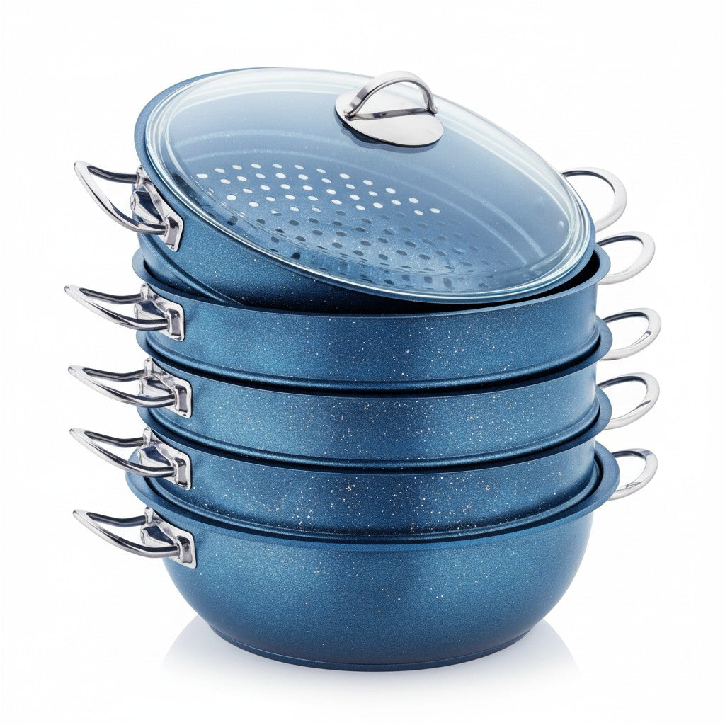 Asia Trade 32cm blue granite non-stick manti steamer pot set with four stacking trays and a glass lid.
