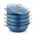 Asia Trade 32cm blue granite non-stick manti steamer pot set with four stacking trays and a glass lid.
