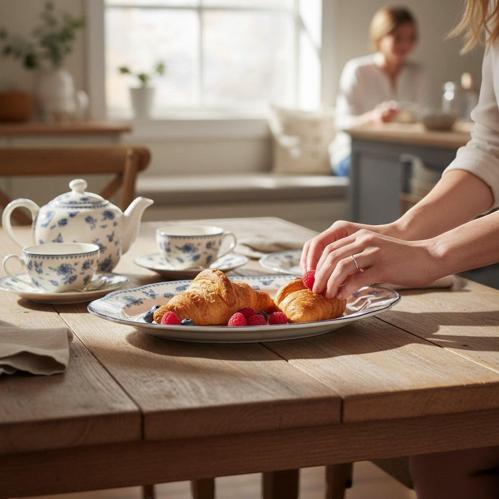 Asia Trade 36cm oval plate with blue rose floral pattern, displayed on a wooden table with croissants and tea set.