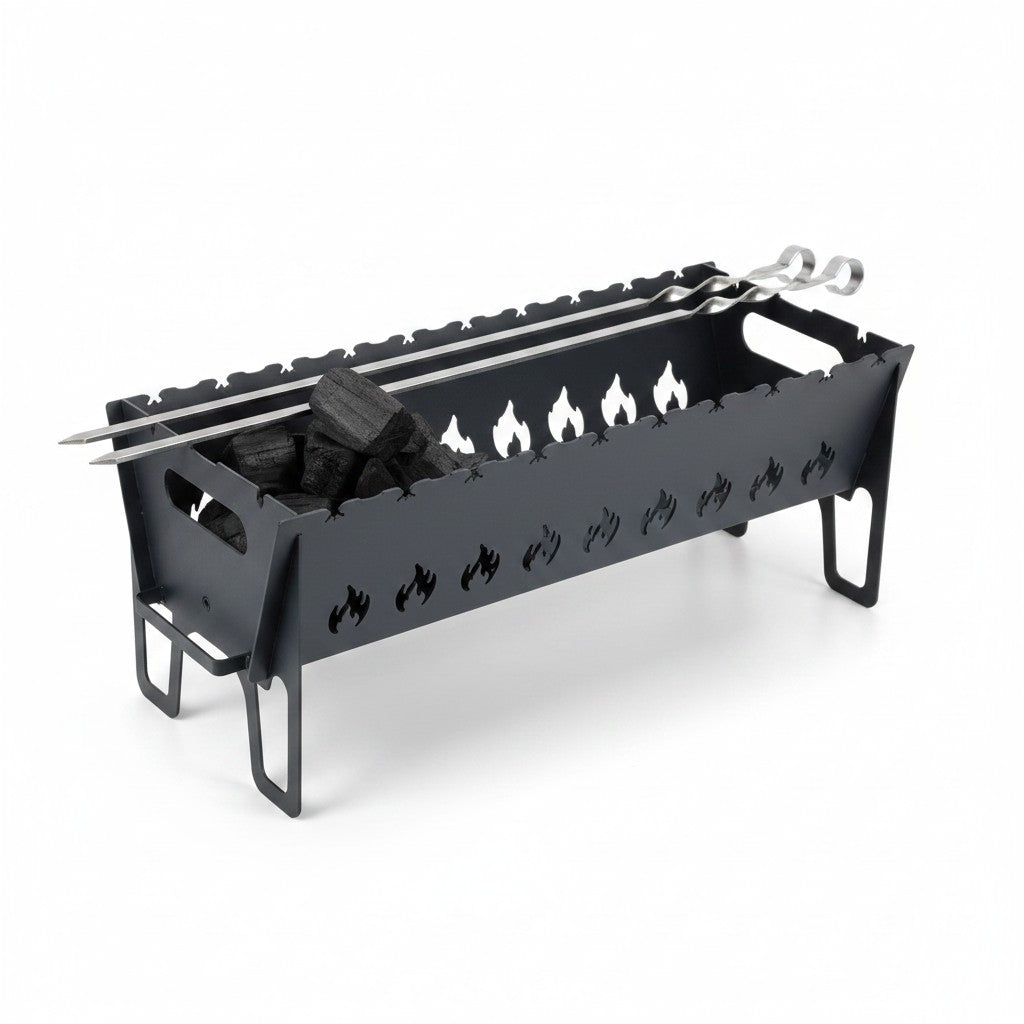 Asia Trade Boyscout V2 portable black metal charcoal grill with flame cutouts and two metal skewers
