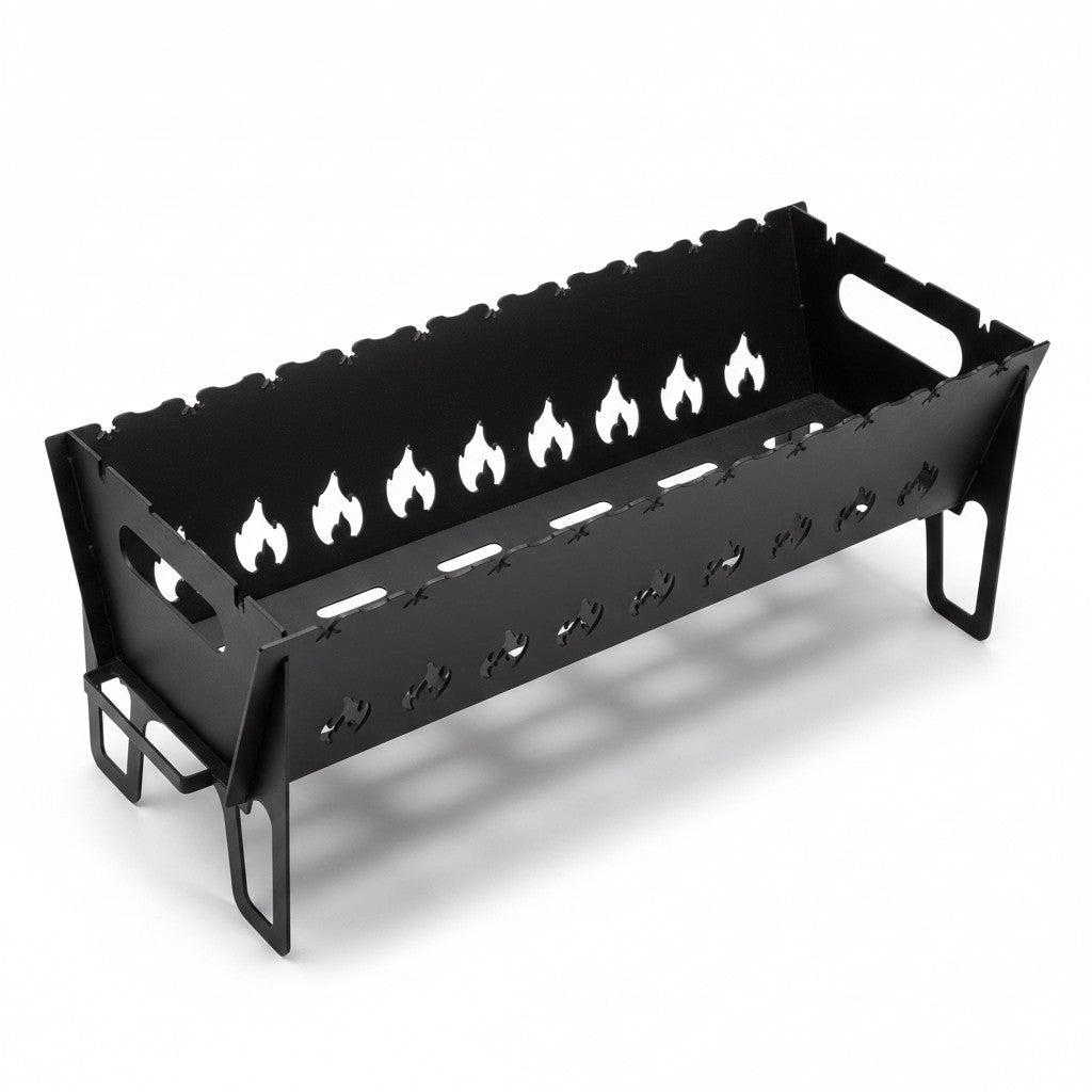 Asia Trade Boyscout V2 portable black steel charcoal grill with flame-shaped ventilation cutouts and skewer slots