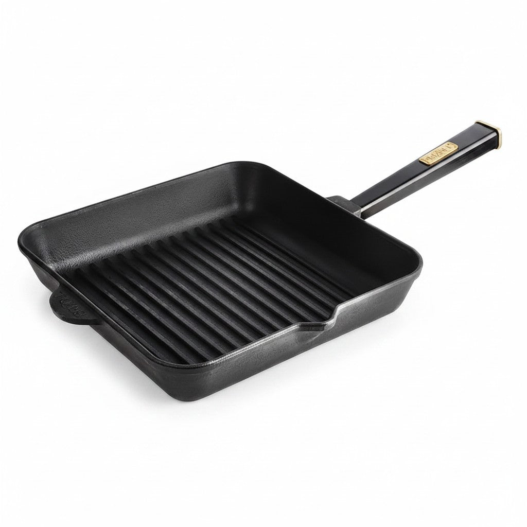 Asia Trade Brizoll 26cm square cast iron grill pan with ribbed surface and black wooden handle