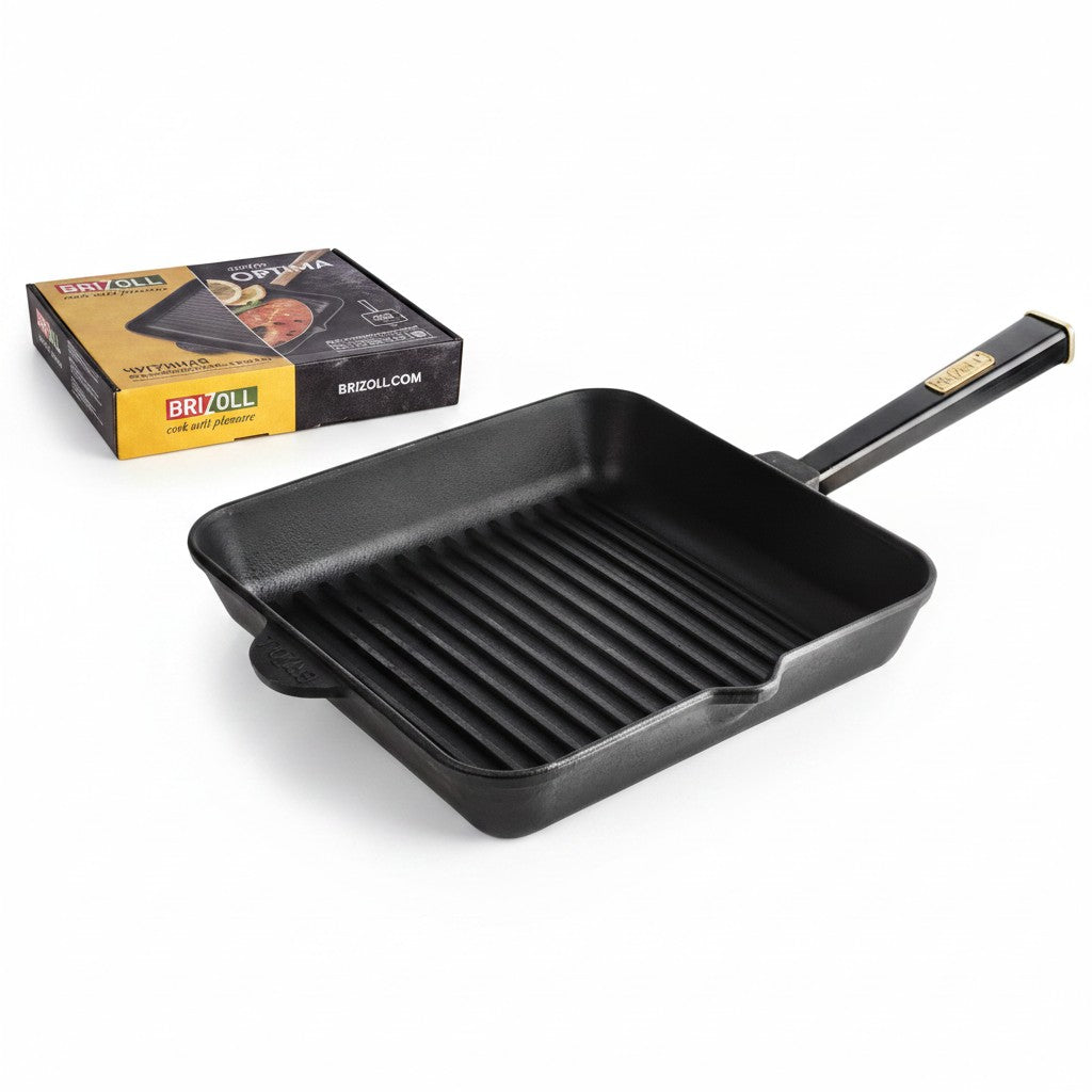 Asia Trade Brizoll 26cm square cast iron grill pan with ribbed surface and wooden handle, shown with branded box.