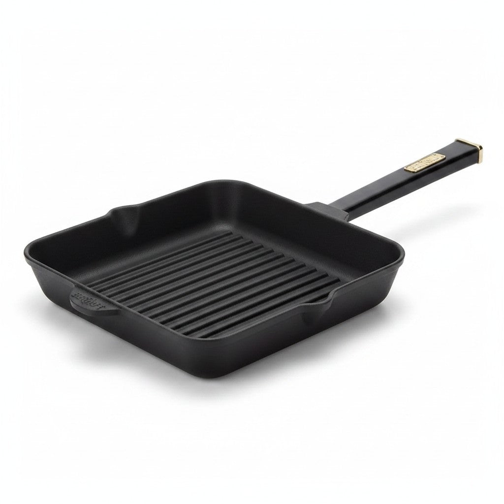 Asia Trade Brizoll 26cm square cast iron grill pan with ridges and a long black handle on a white background