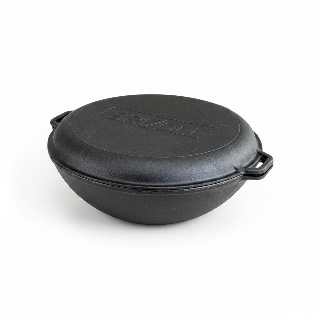 Asia Trade BRIZOLL 8-liter cast iron kazan wok with a matching cast iron skillet lid on a white background