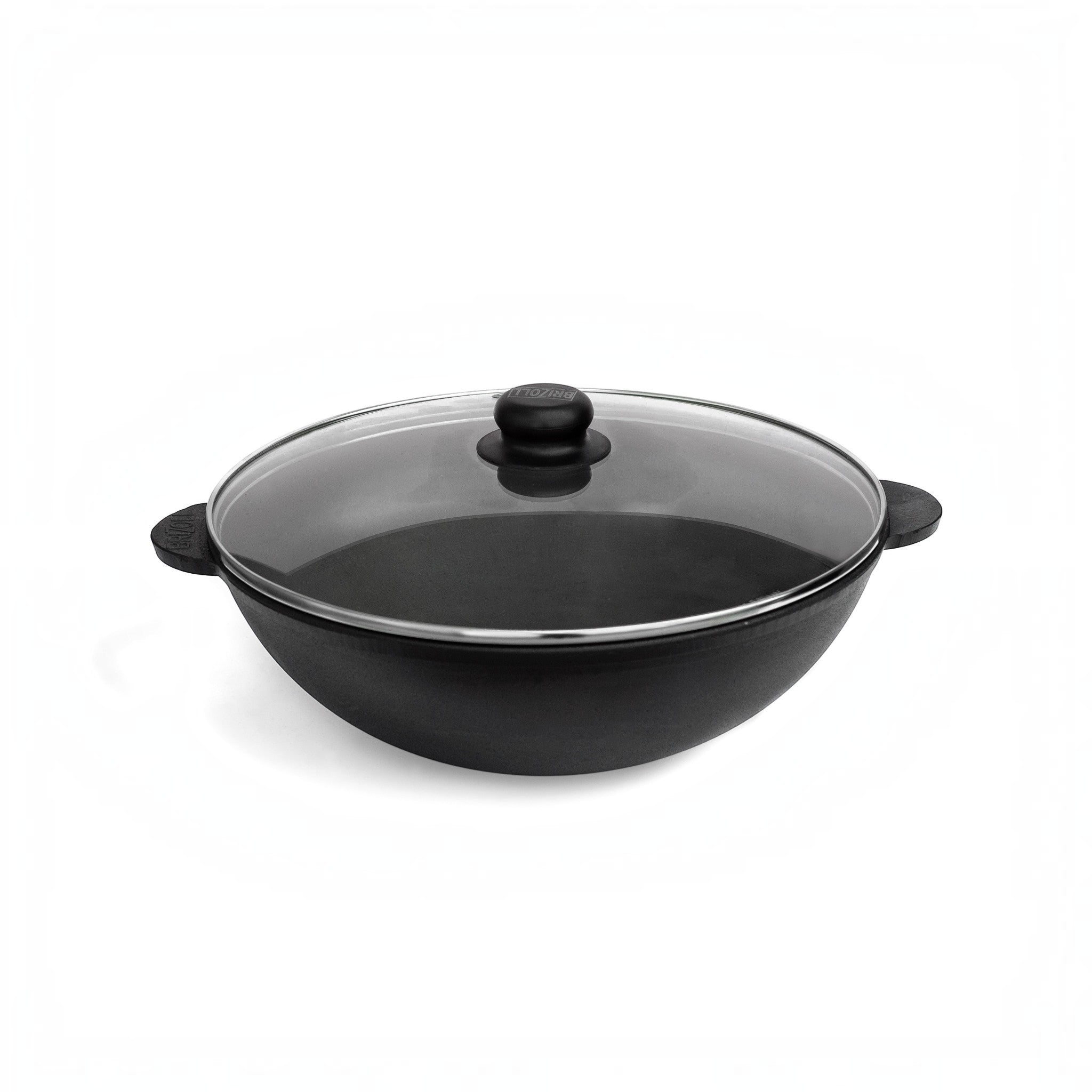 Asia Trade BRIZOLL cast iron kazan wok with a glass lid, 3.7L capacity, suitable for all stovetops.