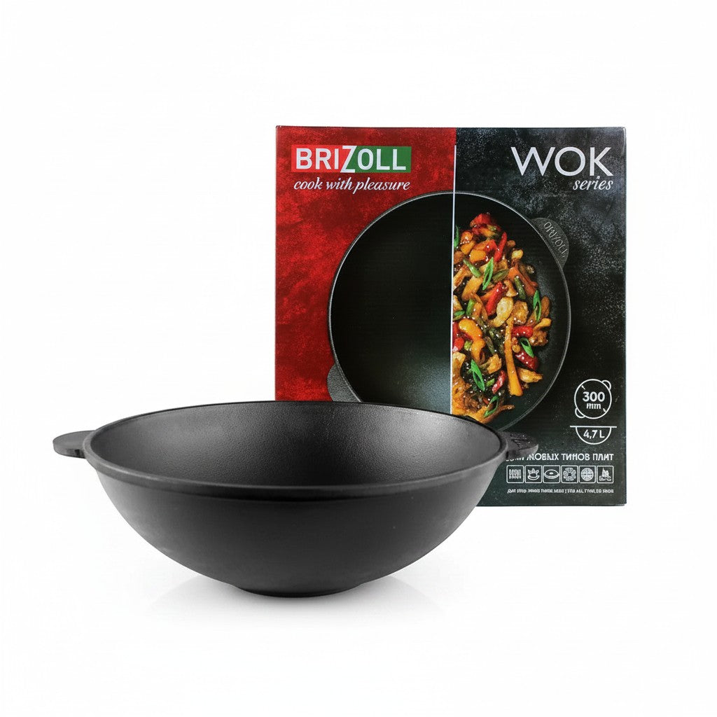 Asia Trade Brizoll 4.7L cast iron wok with a 31cm diameter, featuring a durable, non-stick surface for stir-frying.