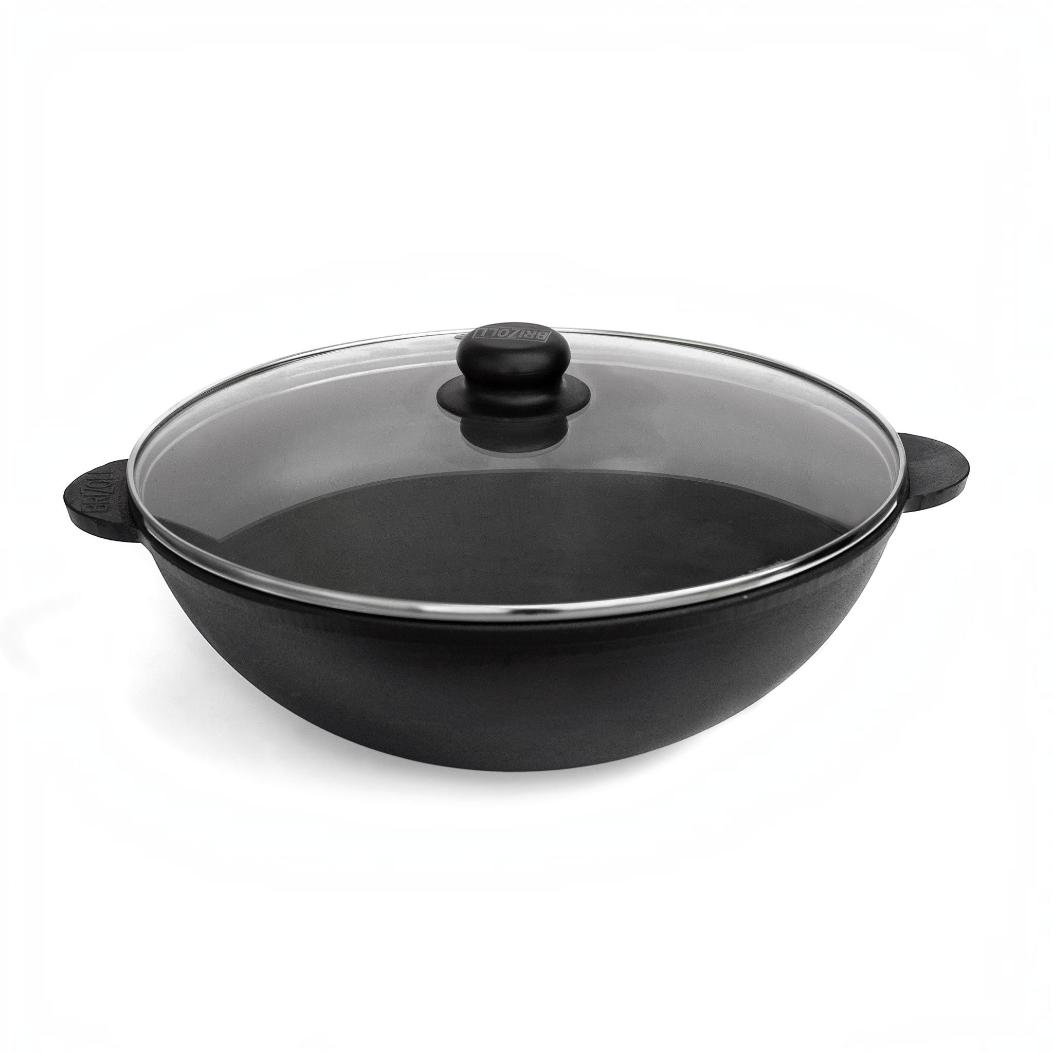 Asia Trade BRIZOLL 4.7L cast iron wok with glass lid, suitable for all stovetops and open fire cooking.