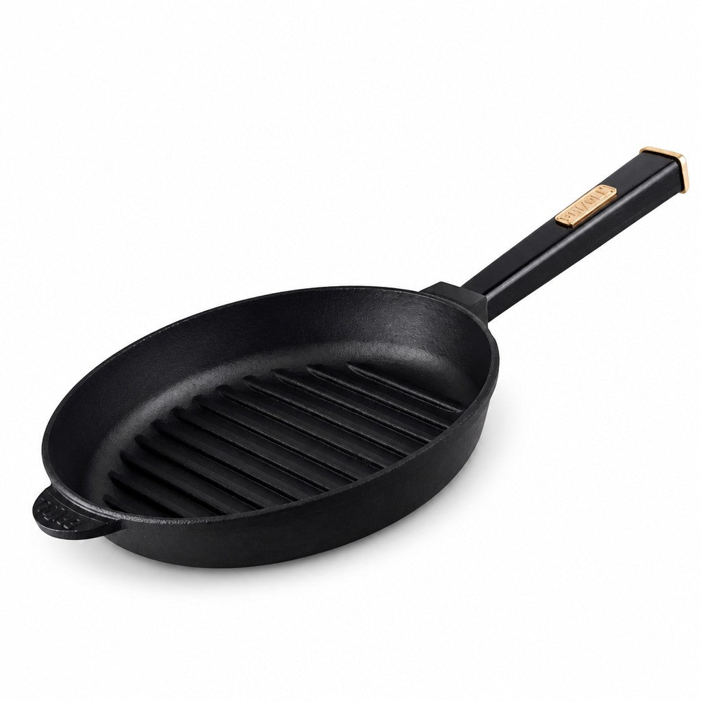 Asia Trade BRIZZOL cast iron grill pan with a black handle, 28cm diameter, suitable for induction and oven use.