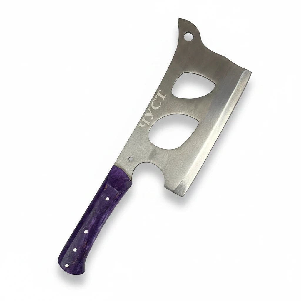 Asia Trade traditional butcher cleaver with a sharp steel blade and a unique purple marbled wooden handle