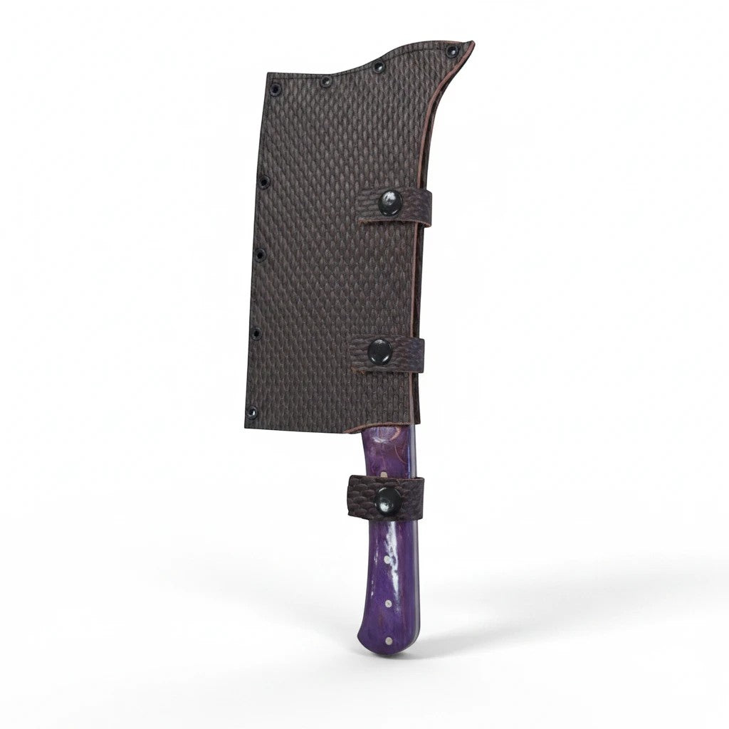 Asia Trade traditional butcher cleaver with a purple wooden handle and a textured protective leather sheath